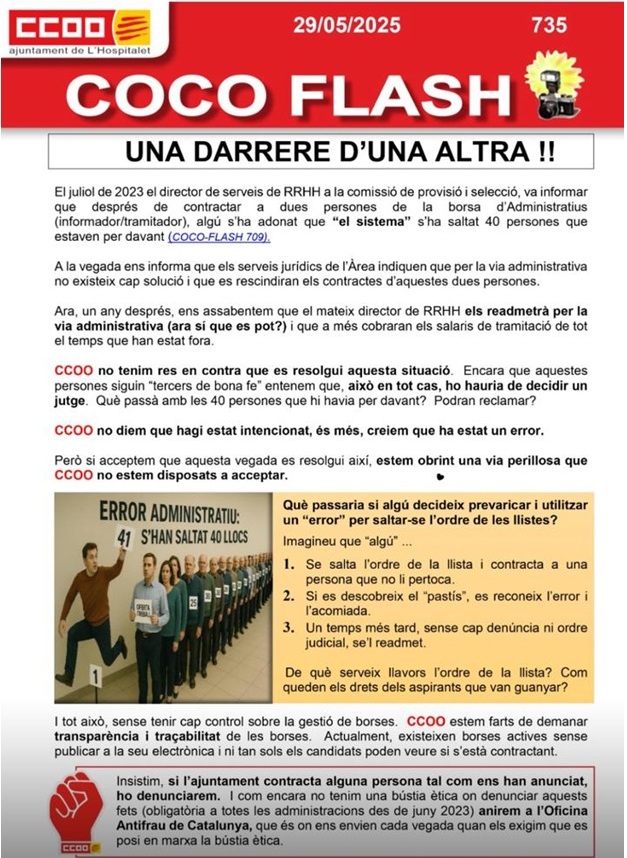 Nova denúncia sindical per la contractació, un any després, de dos administratius als que no els corresponia, que seran readmesos i cobraran els salaris de tramitació